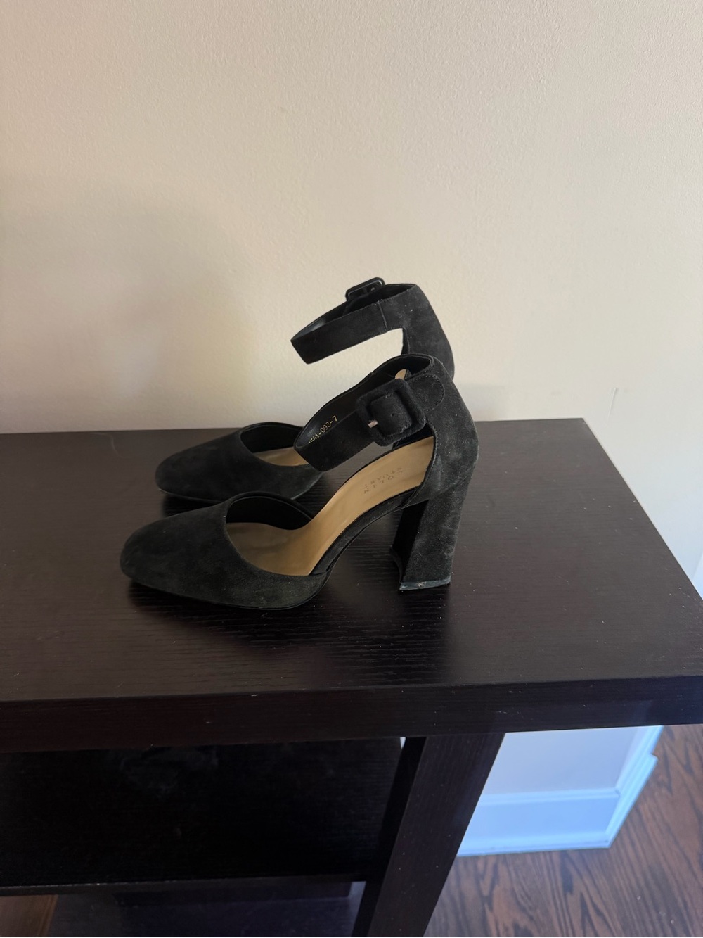 Colin Stuart Black Suede Ankle-Strap Block Heel Pumps